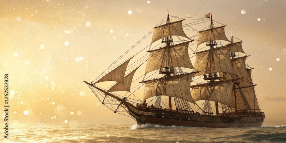 Fototapeta premium Majestic tall ship sailing at sunset with golden hues