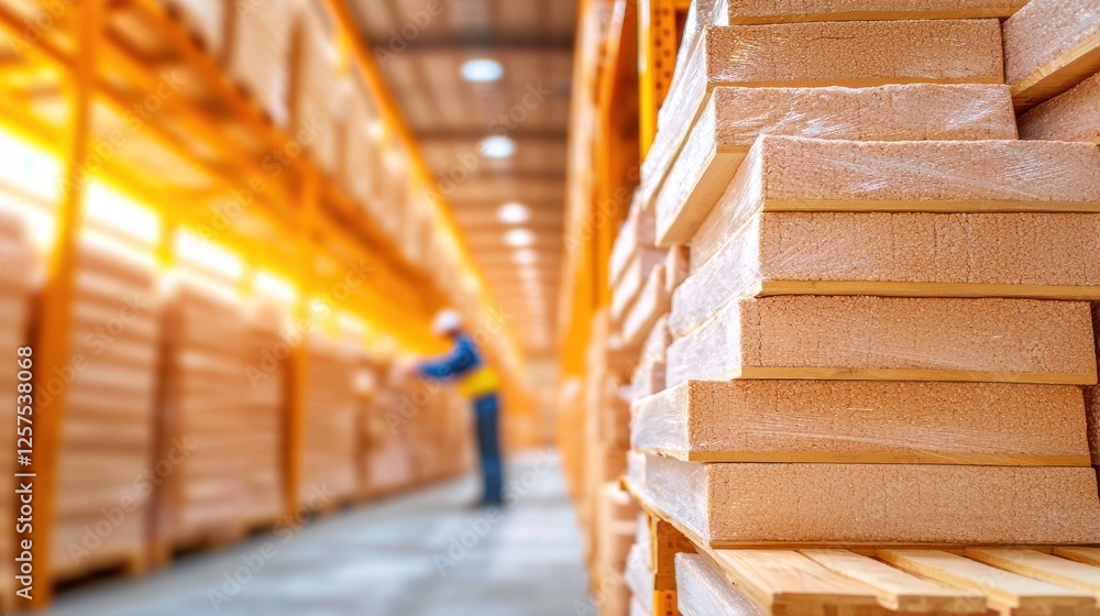 Obraz premium inventory management warehouse Shelves stacked with various products in a temperature controlled warehouse, with workers inspecting and managing inventory.