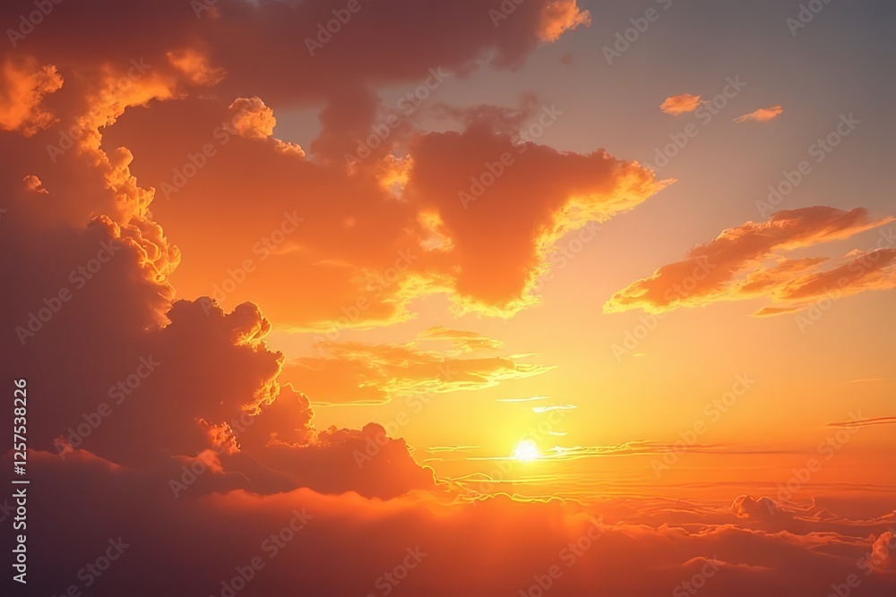 Fototapeta premium Fiery Sunset Sky Golden Clouds Sun Rays