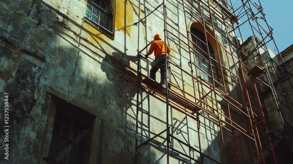 Naklejka premium exterior building renovation, professional painter at work, construction scaffolding setup, industrial safety equipment, facade maintenance, worker on platform, building restoration process, orange