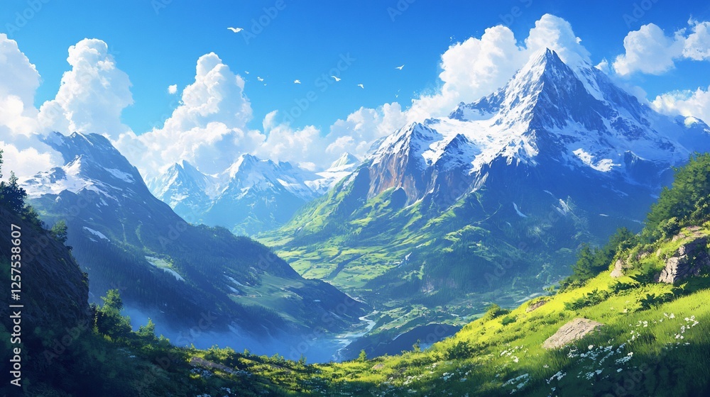 Fototapeta premium Sunny Alpine Valley Landscape, Birds Flying