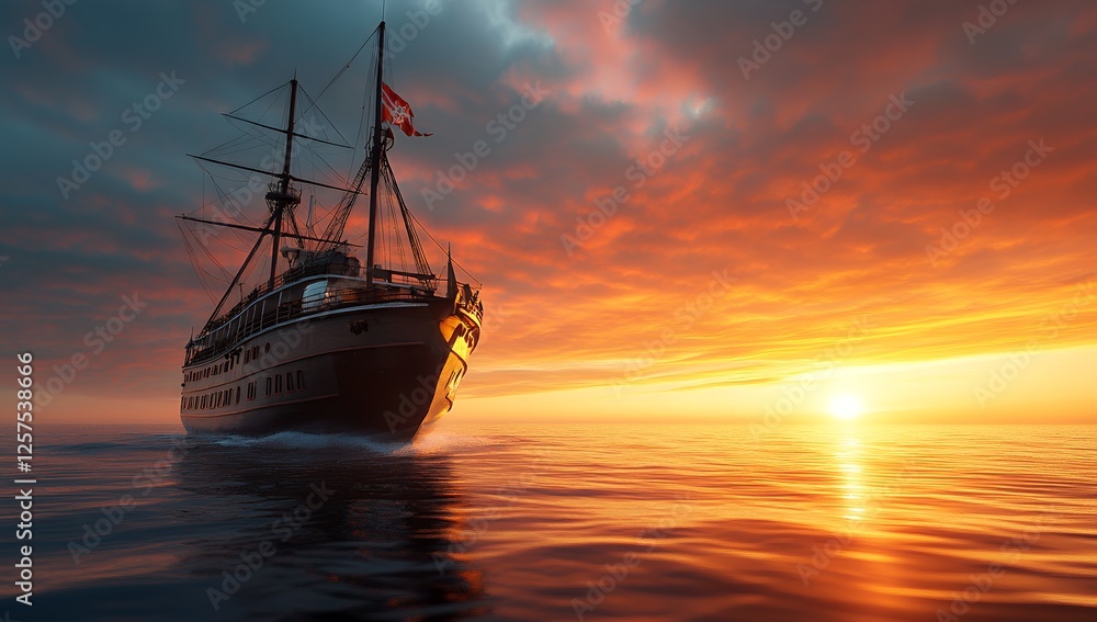 A majestic sailing ship sails towards a vibrant sunset, its silhouette highlighted against the fiery sky A majestic sailing ship sails towards a vibrant sunset, its silhouette highlighted against the fiery sky