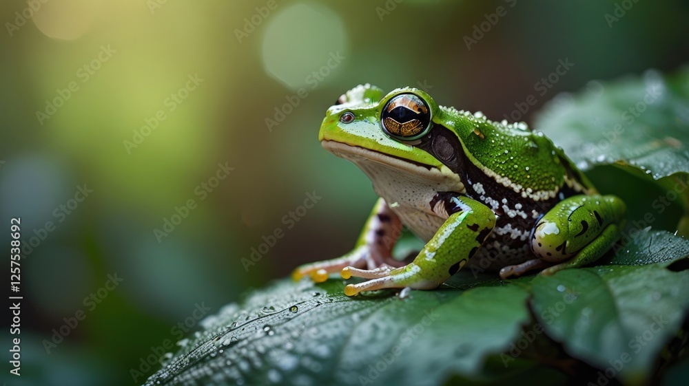 Green Tree Frog Sitting on Leaf with Water Droplets in Nature Green Tree Frog Sitting on Leaf with Water Droplets in Nature