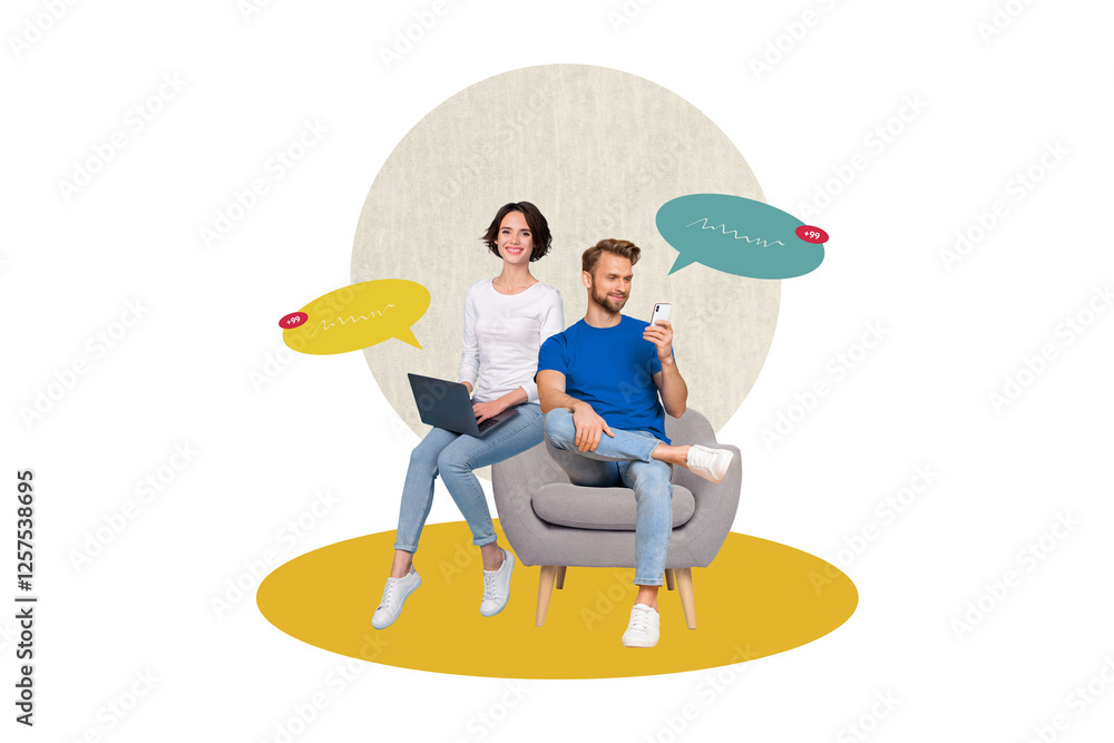 Fototapeta premium Composite trend artwork sketch image collage of hand hold smartphone laptop notification banner feedback speech cloud man lady sit chair