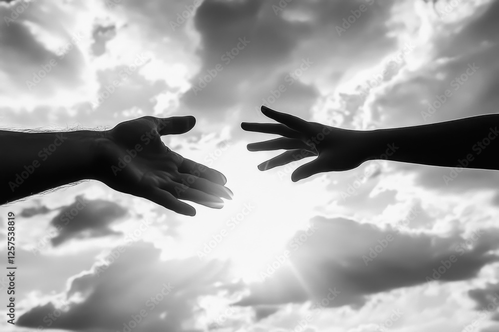 Two hands reaching out towards each other against a dramatic sky, connection, support, hope, unity, friendship, love, human relationships, black and white