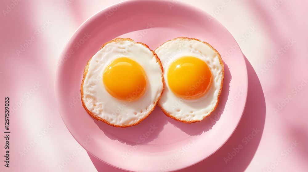 Two perfectly fried eggs on a pink plate placed on a pastel background Two perfectly fried eggs on a pink plate placed on a pastel background