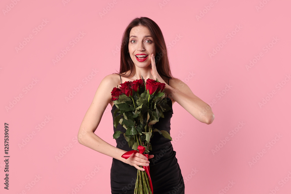 Happy Valentine's Day. Surprised woman with bouquet of roses on pink background