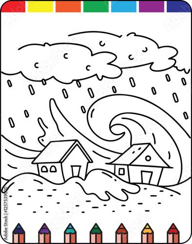 Hurricane Storms and Strong Winds Fun Coloring Page for Natural Disaster Awareness, Wildfires in Nature A Detailed Coloring Page for Kids and Adults