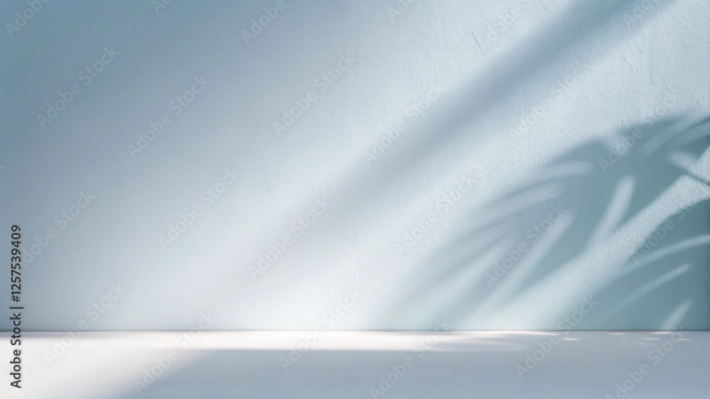 Minimalistic simple background for product presentation. Shadow from tropical foliage and light on blue wall.