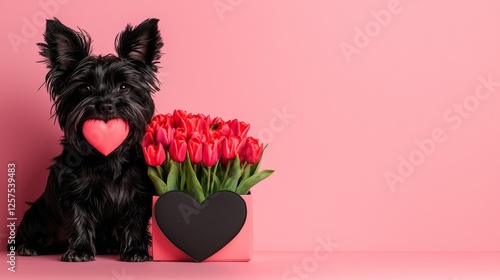 A black dog sitting next to a bouquet of red tulips and a heart