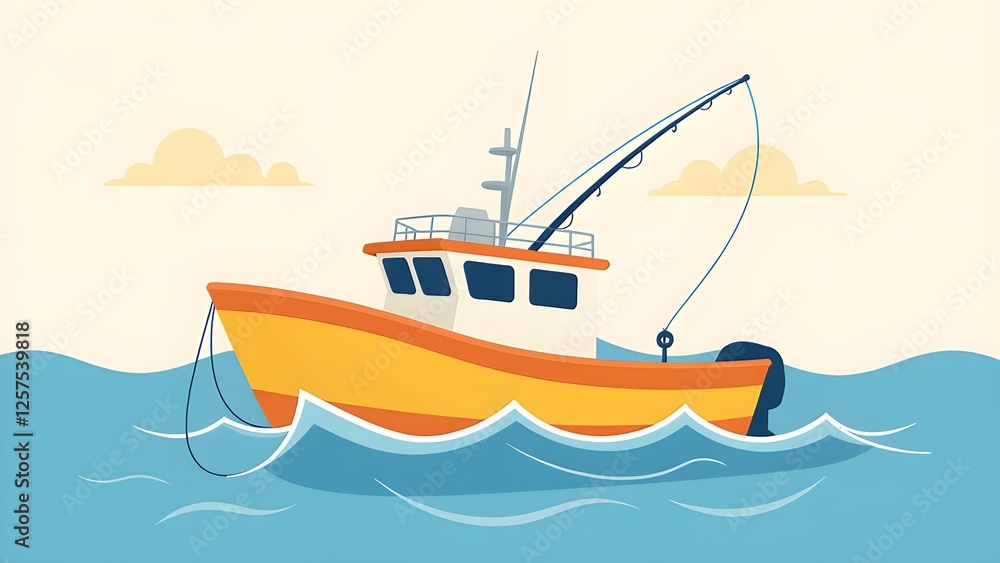 Cartoon Fishing Boat Traveling by Waves Cartoon Fishing Boat Traveling by Waves