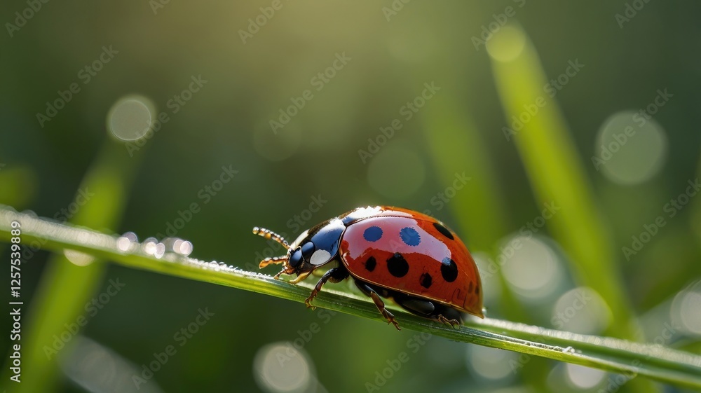 Fototapeta premium Ladybug Crawling on Grass Blade with Dew Drops in Sunlight