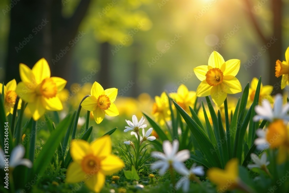 Vibrant Yellow Daffodils Basking in Golden Sunlight Within a Lush Green Meadow, a Springtime Symphony of Blossoms Vibrant Yellow Daffodils Basking in Golden Sunlight Within a Lush Green Meadow, a Springtime Symphony of Blossoms