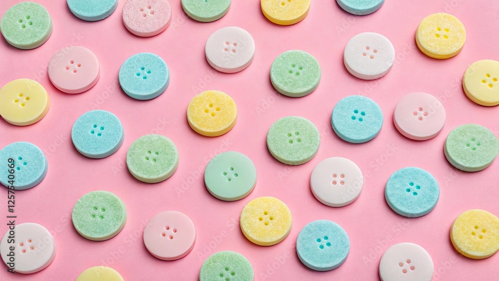 Colorful button-shaped candies on a pink background Colorful button-shaped candies on a pink background
