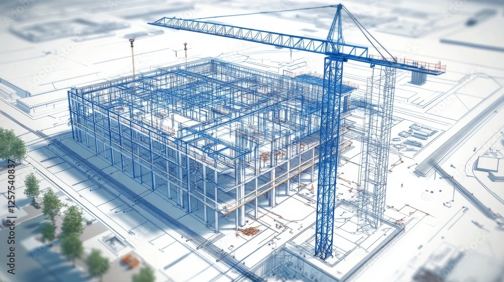 architectural development drawing, construction site blueprint, technical building illustration, engineering sketch style, tower crane detail, structural framework visualization, blue construction