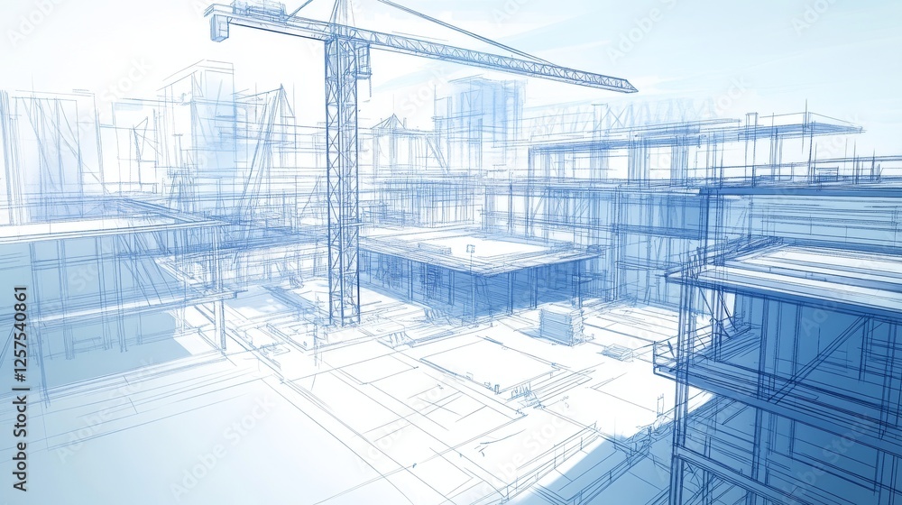 building blueprint composition, construction site illustration, architectural sketch rendering, engineering visualization, tower crane technical drawing, structural development plan, blue tinted building blueprint composition, construction site illustration, architectural sketch rendering, engineering visualization, tower crane technical drawing, structural development plan, blue tinted