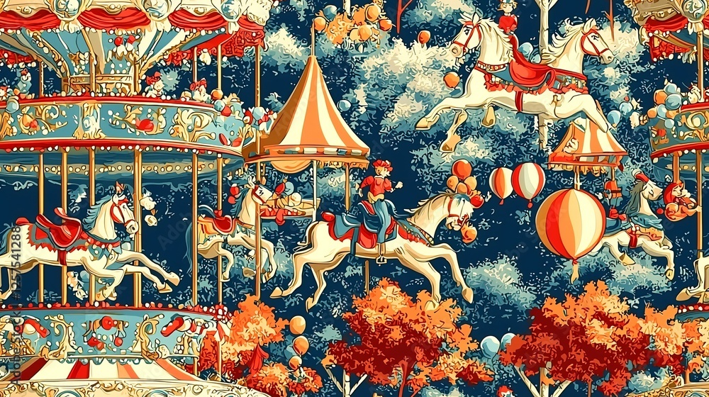 Fototapeta premium Festive carousel horses and balloons float against a twilight sky, perfect for whimsical children's book illustrations or fabric prints