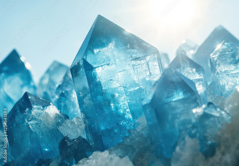 A close-up of blue crystal fragments, shining under the sun's rays, against a clear sky background. The composition is symmetrical and balanced A close-up of blue crystal fragments, shining under the sun's rays, against a clear sky background. The composition is symmetrical and balanced