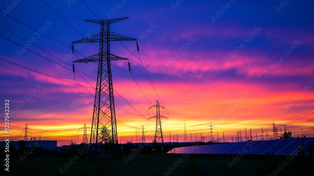 sustainable city energy, solar panel foreground, urban sunset vista, modern power generation, clean technology installation, city building silhouettes, evening sky colors, renewable infrastructure, sustainable city energy, solar panel foreground, urban sunset vista, modern power generation, clean technology installation, city building silhouettes, evening sky colors, renewable infrastructure,