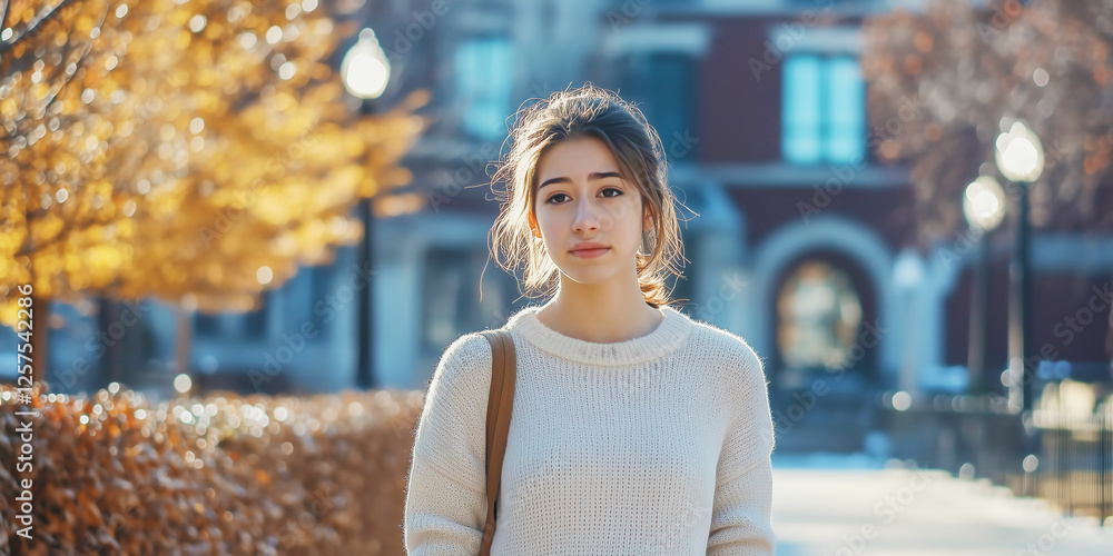 A student rushes through a university campus, determined to attend class on time