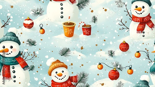Festive winter snowmen pattern;  hot drinks, ornaments, and pine branches on snowy background; ideal for holiday wrapping paper or cards