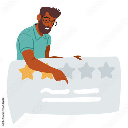 Man customer cartoon character leaving two stars low quality rating pointing at negative comments