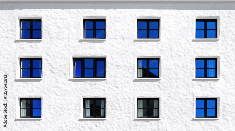 Fototapeta premium White Building Facade with Blue Windows in Geometric Arrangement
