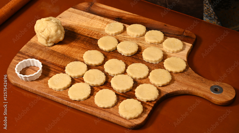 Baking process with freshly rolled cookie dough shapes on a wooden surface in a cozy kitchen setting