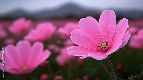 A field of pink flowers with mountains in the background