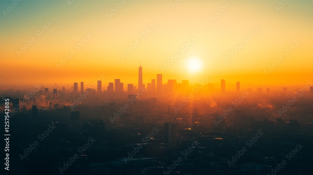 Fototapeta premium metropolitan horizon illustration, golden sunrise cityscape, urban silhouette design, warm sky composition, architectural outline study, panoramic city view, minimalist skyline art, morning urban