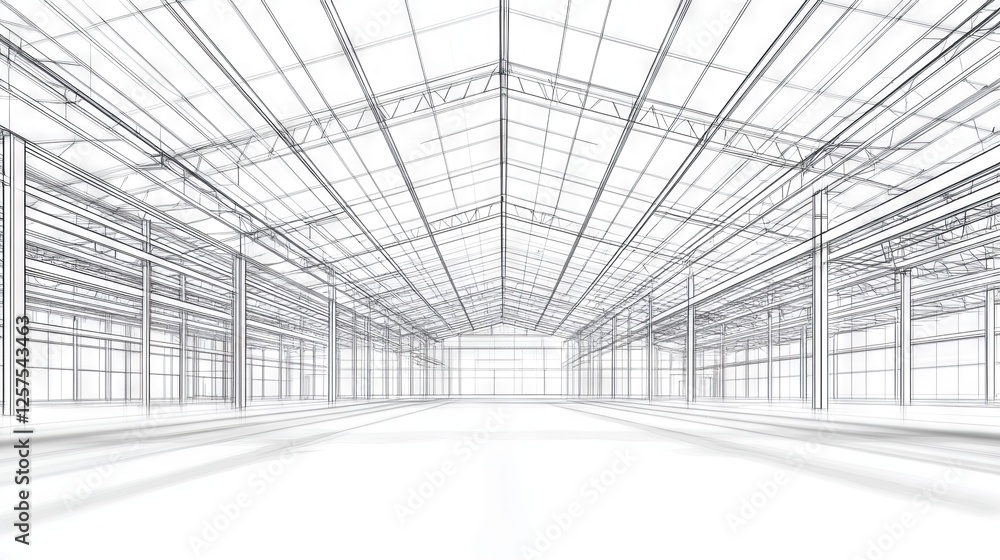 industrial warehouse wireframe, architectural line drawing, structural steel framework, interior perspective sketch, warehouse construction design, technical building illustration, exposed roof truss industrial warehouse wireframe, architectural line drawing, structural steel framework, interior perspective sketch, warehouse construction design, technical building illustration, exposed roof truss