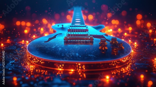 Electric guitar, neon lights, stage, vibrant performance