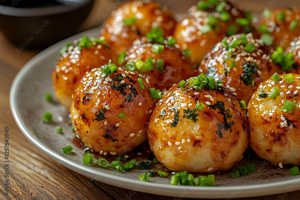 Close-up of takoyaki balls with crispy exteriors and soft centers, garnished with green onions and seaweed flakes, placed on a cozy kitchen table with space left for advertising text Close-up of takoyaki balls with crispy exteriors and soft centers, garnished with green onions and seaweed flakes, placed on a cozy kitchen table with space left for advertising text