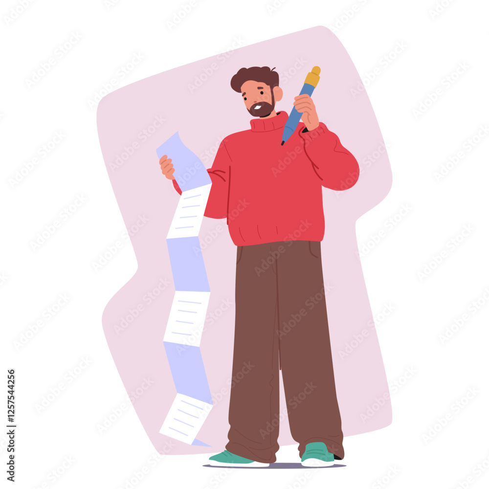 Hipster man cartoon character reading huge to-do list checking completed and unfinished tasks Hipster man cartoon character reading huge to-do list checking completed and unfinished tasks