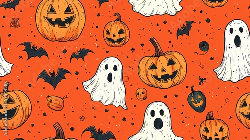 Halloween pumpkins, ghosts, and bats pattern; festive autumn background for October celebrations, ideal for cards or websites