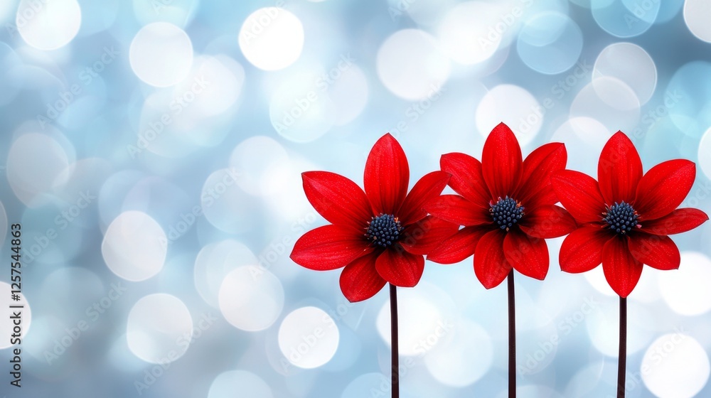 Obraz premium Three red flowers on a blue background with bokeh