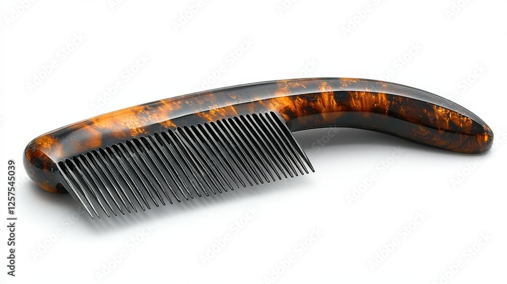 Detailed view of a tortoiseshell-patterned comb with a curved handle on a white surface Detailed view of a tortoiseshell-patterned comb with a curved handle on a white surface