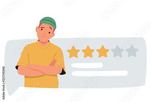 Upset teenage boy blogger cartoon character feeling unhappy due to average ranking feedback