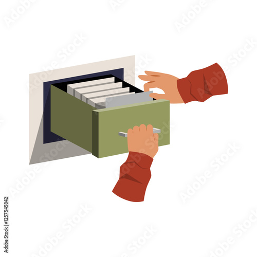 Hands Retrieving Files From A Hidden Drawer In Flat Vector Illustration Symbolizing Data Storage, Confidential Records, And Information Security, Isolated On White Background