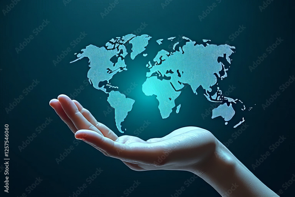 Hand holding glowing world map, symbolizing global connection and unity Hand holding glowing world map, symbolizing global connection and unity