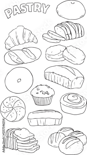 Hand-drawn vector illustration of various pastries and baked goods, including croissants, cakes, bread, muffins, and cookies. Perfect for menus, bakery branding, coloring books, and food designs.