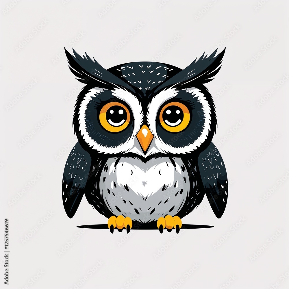 Fototapeta premium Cute black owl cartoon illustration on plain white background