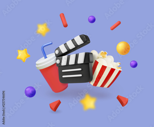 Popcorn box, cola cap with straw, film clapper board. Cinema Poster Design Template. Film Movie Concept Video cartoon poster vector