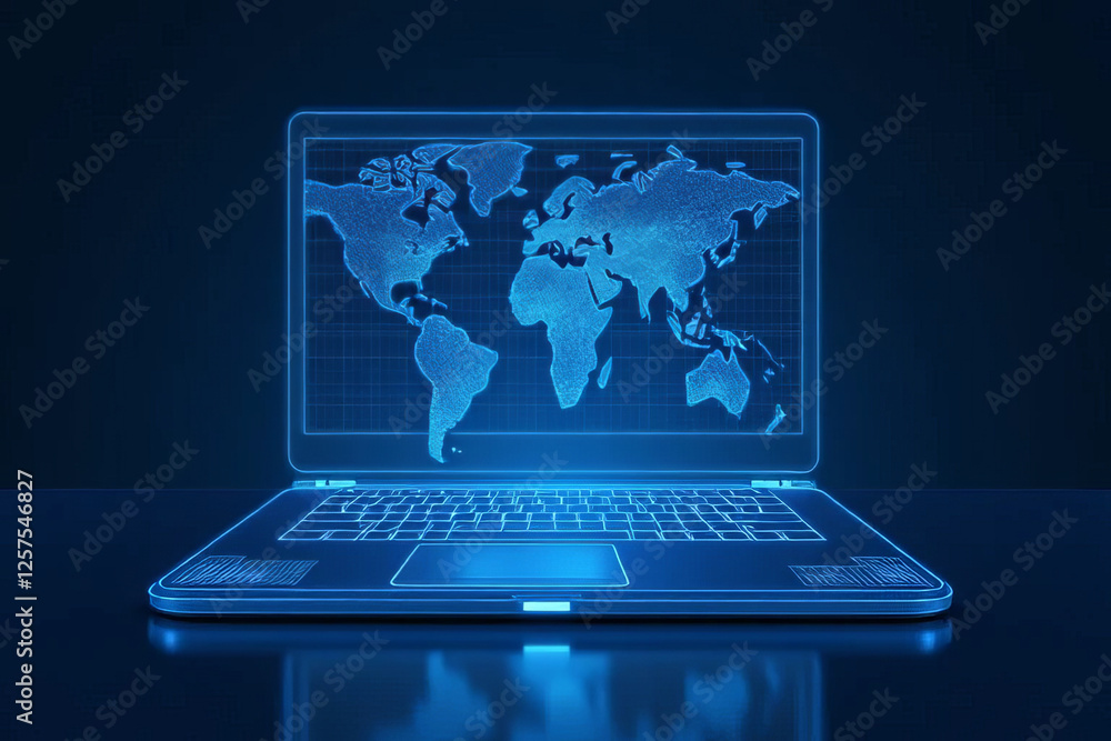 Futuristic laptop displaying holographic world map on screen Futuristic laptop displaying holographic world map on screen