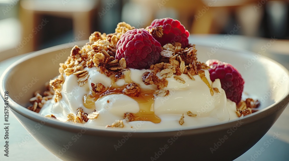 A close-up of a bowl of creamy yogurt topped with granola, fresh fruit, and a drizzle of honey, symbolizing a healthy breakfast, nourishment, and the joys of wholesome food. A close-up of a bowl of creamy yogurt topped with granola, fresh fruit, and a drizzle of honey, symbolizing a healthy breakfast, nourishment, and the joys of wholesome food.