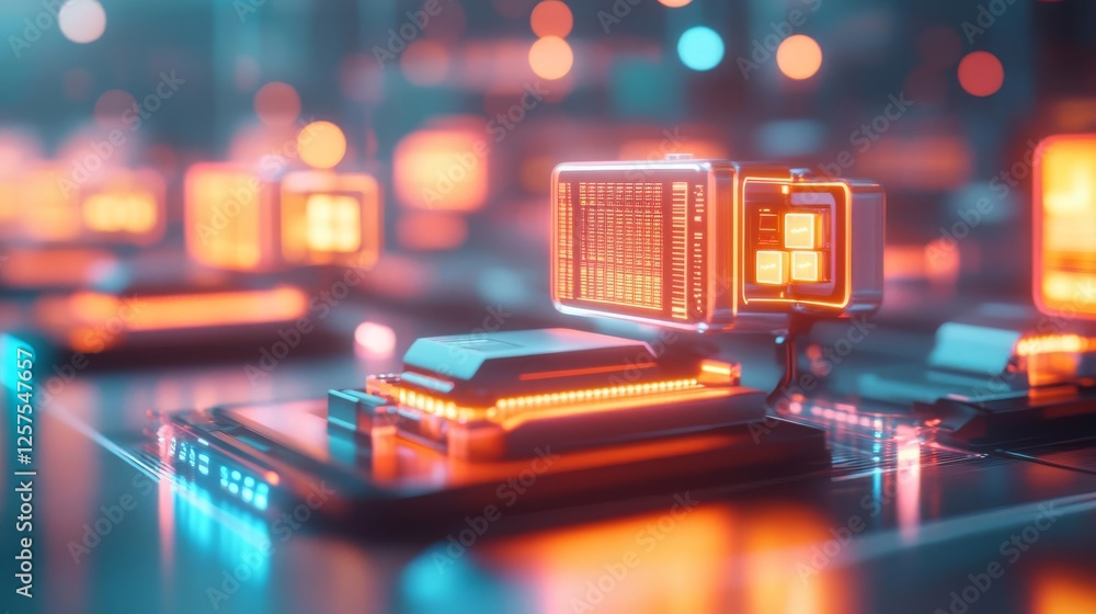 Fully automated warehouse with glowing digital interfaces displaying package tracking data Fully automated warehouse with glowing digital interfaces displaying package tracking data