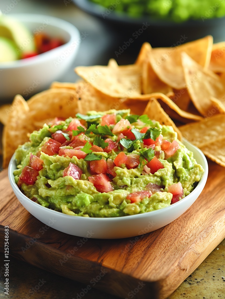 A plate of fresh guacamole served with crispy chips, garnished with cilantro, placed on a wooden board with a cozy kitchen backdrop, leaving space for promotional text A plate of fresh guacamole served with crispy chips, garnished with cilantro, placed on a wooden board with a cozy kitchen backdrop, leaving space for promotional text