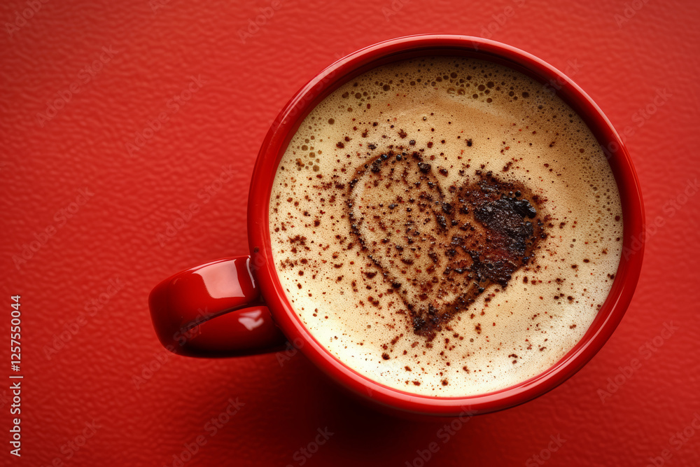 A cup of coffee with latte art in the shape of a heart on it, close-up, top view A cup of coffee with latte art in the shape of a heart on it, close-up, top view