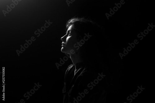 Photos Dramatic low-key portrait of woman gazing at light