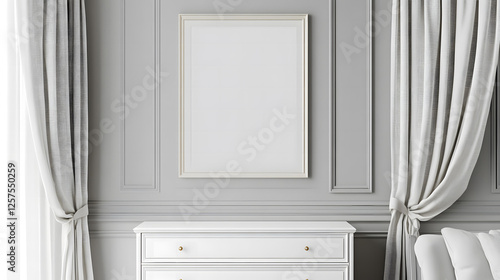 Elegant Gray Room Interior with White Dresser and Blank Frame photo